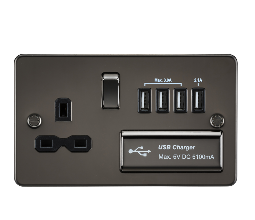 Knightsbridge FPR7USB4GM Flat Plate 13A Switch Socket + 4xUSB - Gunmetal + Black Insert - westbasedirect.com