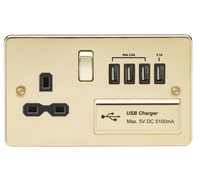Knightsbridge FPR7USB4PB Flat Plate 13A Switch Socket + 4xUSB - Polished Brass + Black Insert