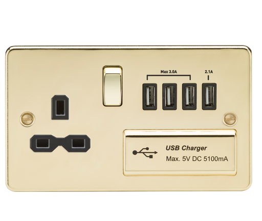 Knightsbridge FPR7USB4PB Flat Plate 13A Switch Socket + 4xUSB - Polished Brass + Black Insert - westbasedirect.com
