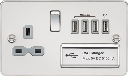 Knightsbridge FPR7USB4PCG Flat Plate 13A Switch Socket + 4xUSB - Polished Chrome + Grey Insert - westbasedirect.com