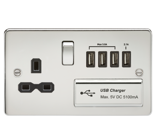 Knightsbridge FPR7USB4PC Flat Plate 13A Switch Socket + 4xUSB - Polished Chrome + Black Insert - westbasedirect.com