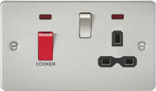 Knightsbridge FPR8333NBC Flat Plate 45A DP Switch + 13A Switch Socket + Neon - Brushed Chrome + Black Insert - westbasedirect.com