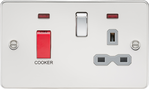Knightsbridge FPR8333NPCG Flat Plate 45A DP Cooker Switch + 13A Socket + Neon - Polished Chrome + Grey Insert - westbasedirect.com