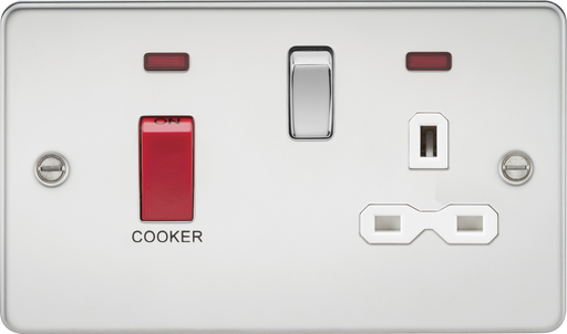 Knightsbridge FPR8333NPCW Flat Plate 45A DP Cooker Switch + 13A Socket + Neon - Polished Chrome + White Insert - westbasedirect.com