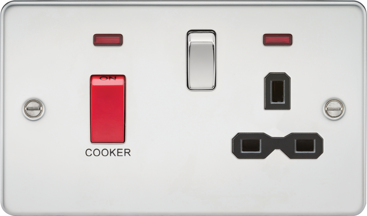 Knightsbridge FPR8333NPC Flat Plate 45A DP Cooker Switch + 13A Socket + Neon - Polished Chrome + Black Insert - westbasedirect.com
