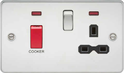 Knightsbridge FPR8333NPC Flat Plate 45A DP Cooker Switch + 13A Socket + Neon - Polished Chrome + Black Insert - westbasedirect.com