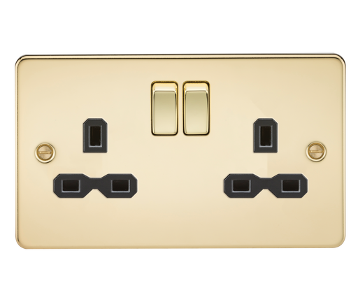 Knightsbridge FPR9000PB Flat Plate 13A 2G DP Switch Socket - Polished Brass + Black Insert - westbasedirect.com
