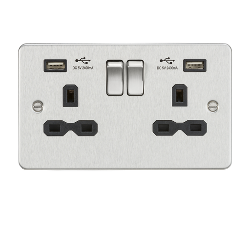 Knightsbridge FPR9224BC Flat Plate 13A 2G Switch Socket + 2xUSB 2.4A - Brushed Chrome + Black Insert - westbasedirect.com