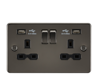 Knightsbridge FPR9224GM Flat Plate 13A 2G Switch Socket + 2xUSB 2.4A - Gunmetal + Black Insert