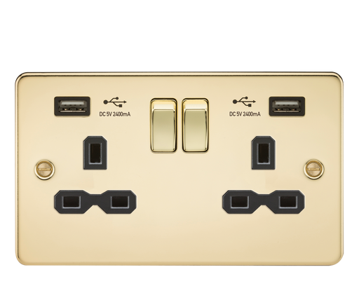 Knightsbridge FPR9224PB Flat Plate 13A 2G Switch Socket + 2xUSB 2.4A - Polished Brass + Black Insert - westbasedirect.com
