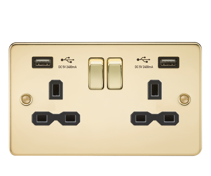 Knightsbridge FPR9224PB Flat Plate 13A 2G Switch Socket + 2xUSB 2.4A - Polished Brass + Black Insert - westbasedirect.com