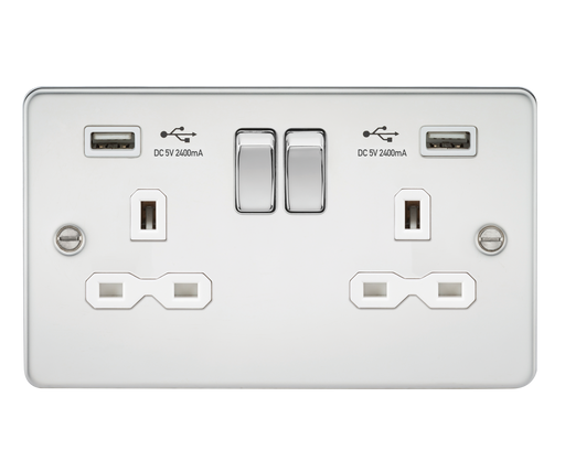 Knightsbridge FPR9224PCW Flat Plate 13A 2G Switch Socket + 2xUSB 2.4A - Polished Chrome + White Insert - westbasedirect.com