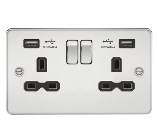 Knightsbridge FPR9224PC Flat Plate 13A 2G Switch Socket + 2xUSB 2.4A - Polished Chrome + Black Insert - westbasedirect.com