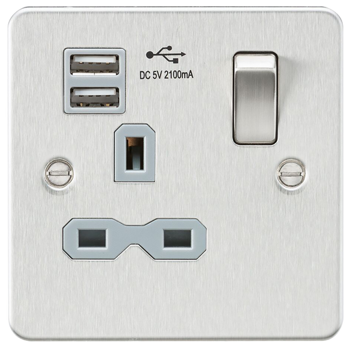 Knightsbridge FPR9901BCG Flat Plate 13A 1G Switch Socket + 2xUSB 2.1A - Brushed Chrome + Grey Insert - westbasedirect.com