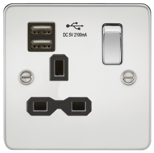 Knightsbridge FPR9901PC Flat Plate 13A 1G Switch Socket + 2xUSB 2.1A - Polished Chrome + Black Insert - westbasedirect.com