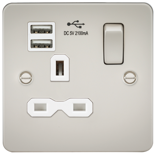 Knightsbridge FPR9901PLW Flat Plate 13A 1G Switch Socket + 2xUSB 2.1A - Pearl + White Insert - westbasedirect.com