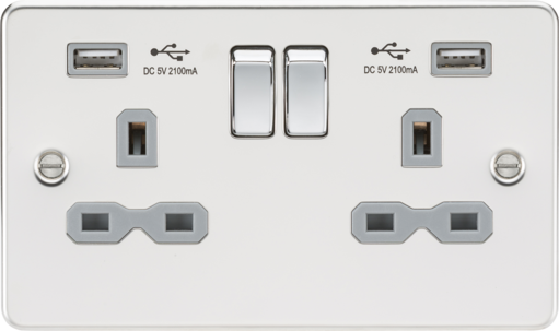 Knightsbridge FPR9224PCG Flat Plate 13A 2G Switch Socket + 2xUSB 2.4A - Polished Chrome + Grey Insert - westbasedirect.com