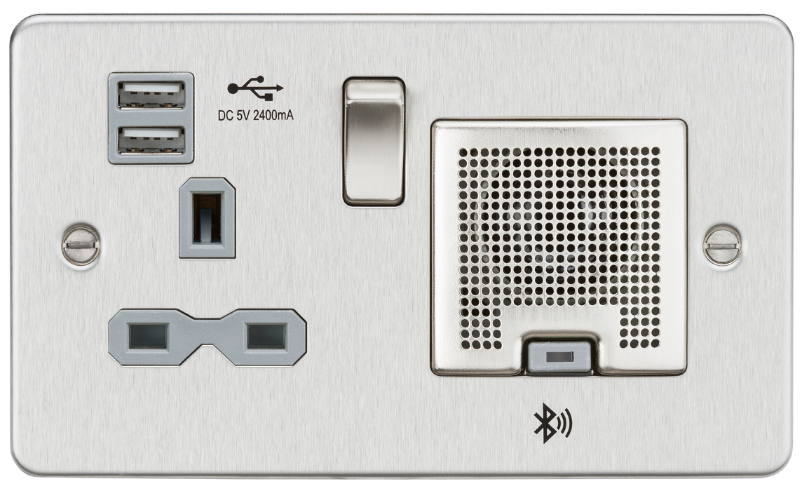 Knightsbridge FPR9905BCG Flat Plate 13A Socket + USB 2.4A + BT Speaker - Brushed Chrome + Grey Insert - westbasedirect.com