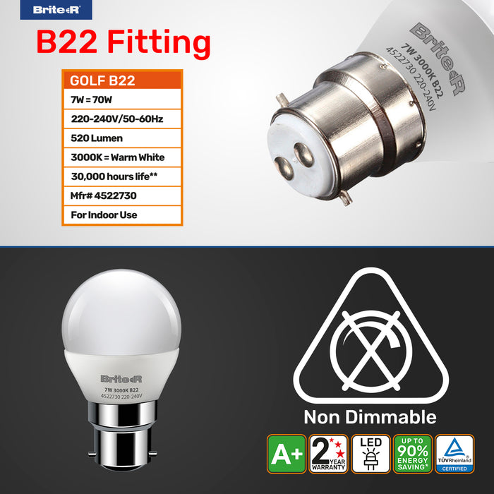 Brite-R 7W B22 BC Golf LED Bulb Warm White 3000K - westbasedirect.com