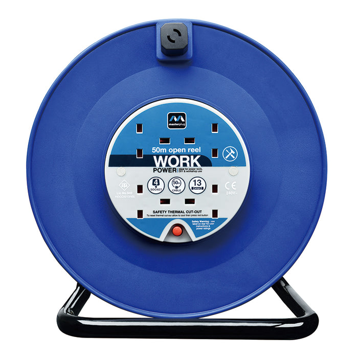 Masterplug 4 Socket 50m 13A Large Open Reel - Blue - westbasedirect.com