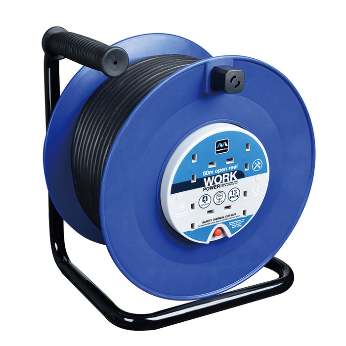 Masterplug 4 Socket 50m 13A Large Open Reel - Blue - westbasedirect.com
