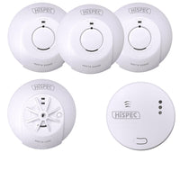 HiSPEC MAINS Power INTERCONNECTABLE 3x Smoke, 1x Heat & 1x CO Detector FF10 with 10Yr Rechargeable Lithium Battery Backup