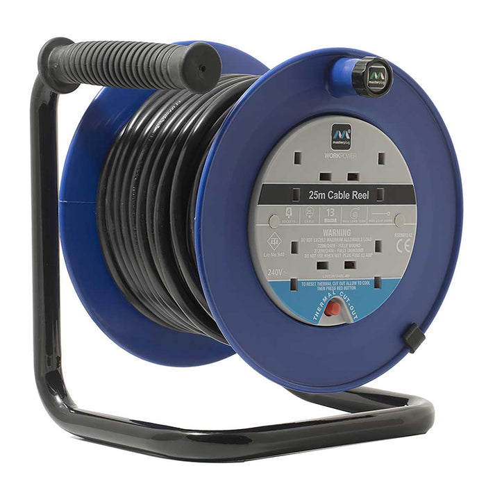Masterplug 4 Socket 25m 13A Medium Open Reel with RCD - Blue - westbasedirect.com