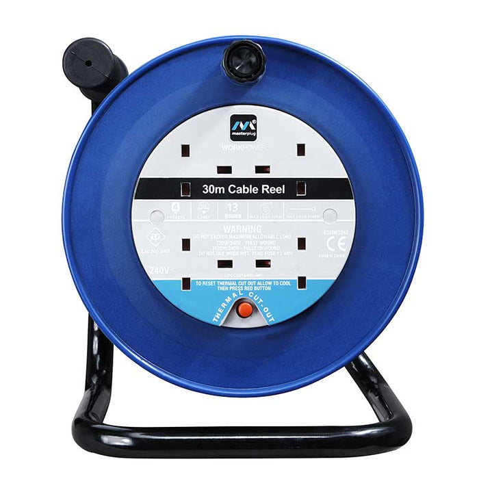 Masterplug 4 Socket 30m 13A Medium Open Reel - Blue - westbasedirect.com