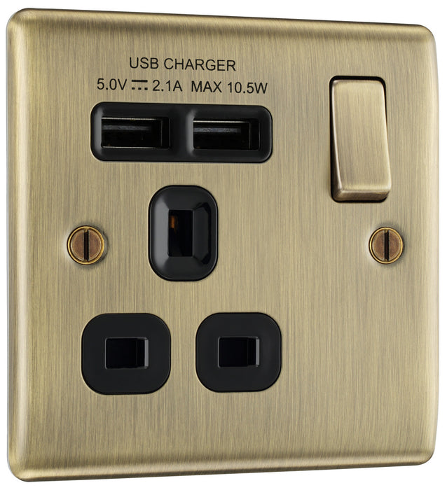 BG NAB21U2B Nexus Metal Single Socket + 2x USB /Black Insert - Antique Brass - westbasedirect.com