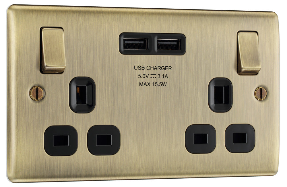 BG NAB22U3B Nexus Metal Double Socket + 2x USB /Black Insert - Antique Brass - westbasedirect.com