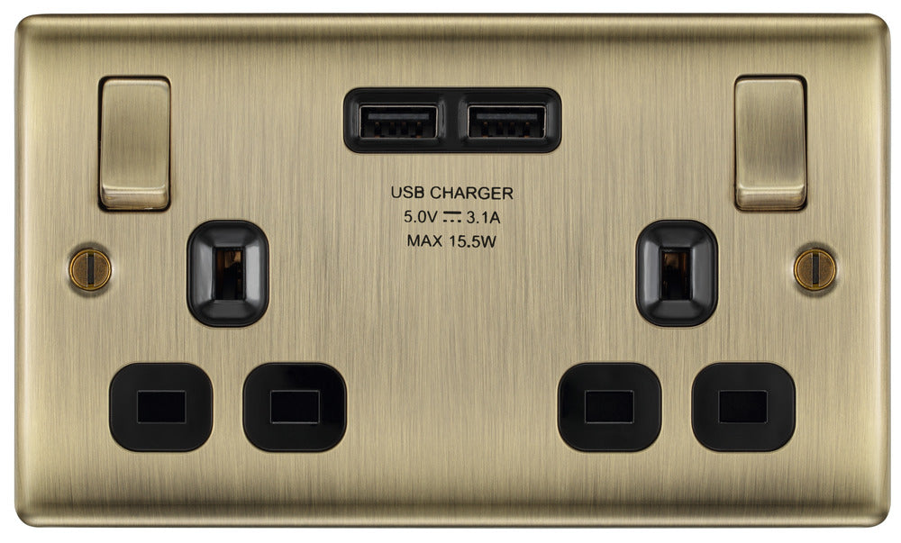 BG NAB22U3B Nexus Metal Double Socket + 2x USB /Black Insert - Antique Brass - westbasedirect.com