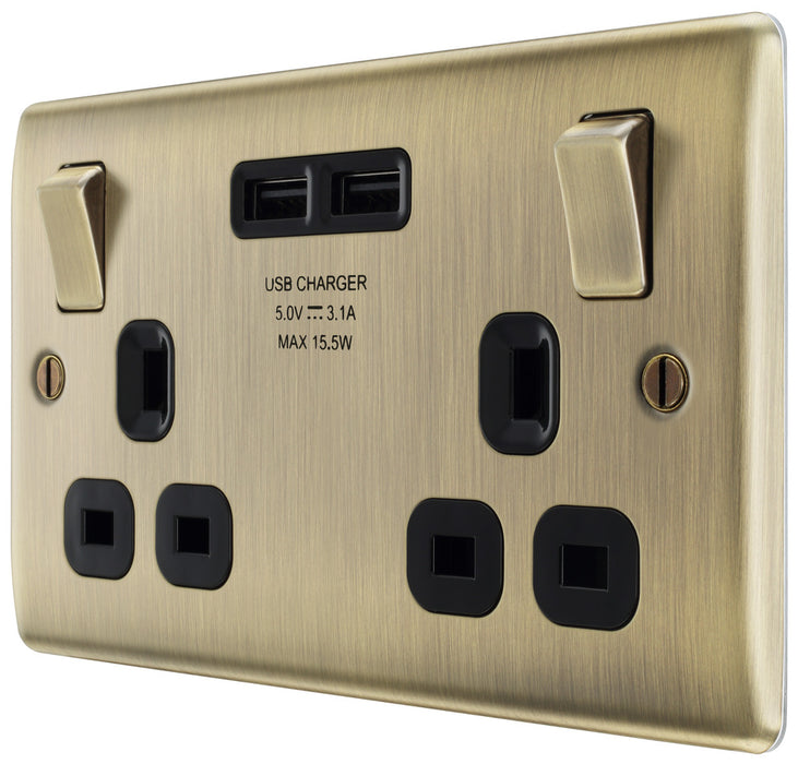 BG NAB22U3B Nexus Metal Double Socket + 2x USB /Black Insert - Antique Brass - westbasedirect.com