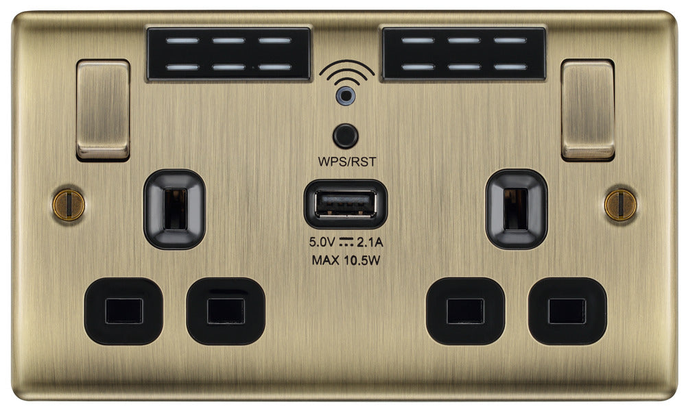 BG NAB22UWRB Nexus Metal Double Socket 13A + Wifi Extender +1x USB(2.1A) - Black Insert - Antique Brass - westbasedirect.com