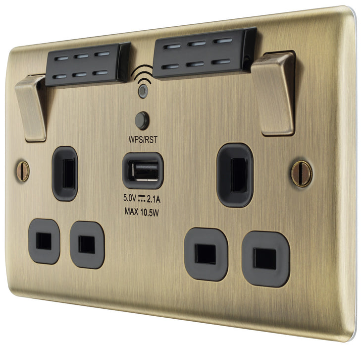 BG NAB22UWRB Nexus Metal Double Socket 13A + Wifi Extender +1x USB(2.1A) - Black Insert - Antique Brass - westbasedirect.com