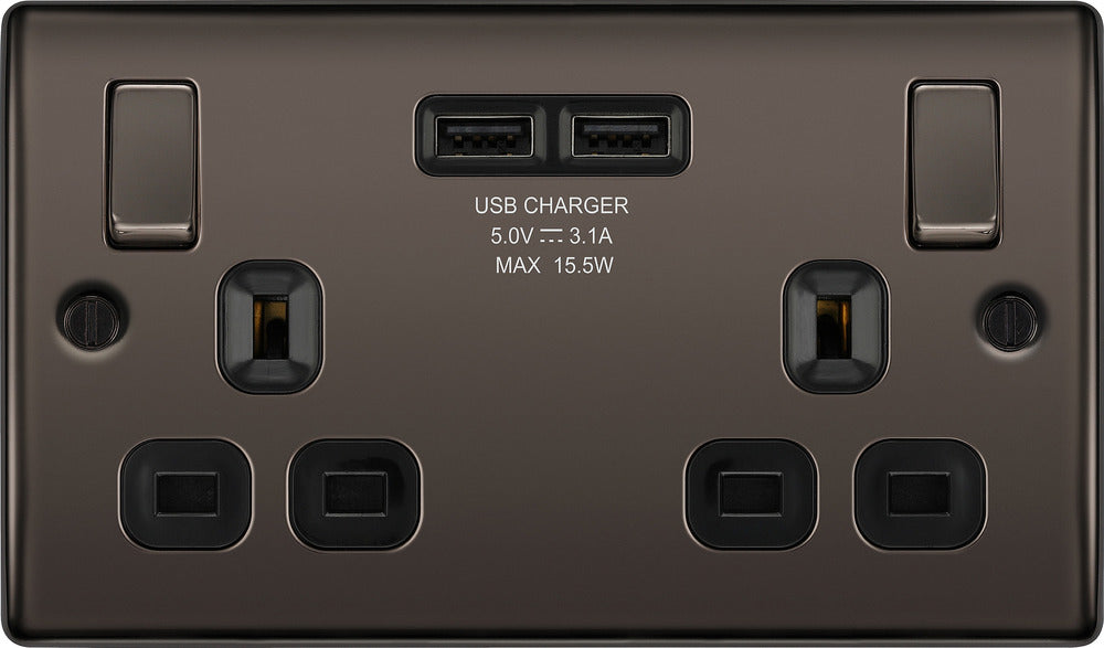 BG NBN22U3B Nexus Metal Double Socket + 2x USB(3.1A) - Black Insert - Black Nickel (5 Pack) - westbasedirect.com