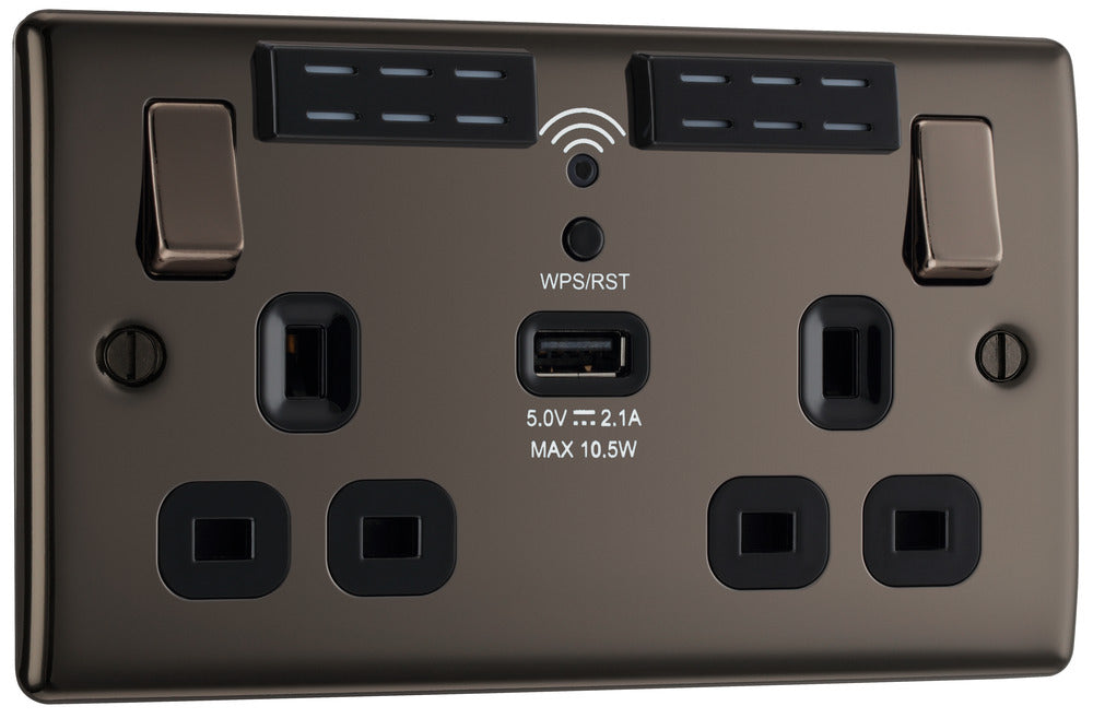 BG NBN22UWRB Nexus Metal Double Socket 13A + Wifi Extender +1x USB(2.1A) - Black Insert - Black Nickel - westbasedirect.com