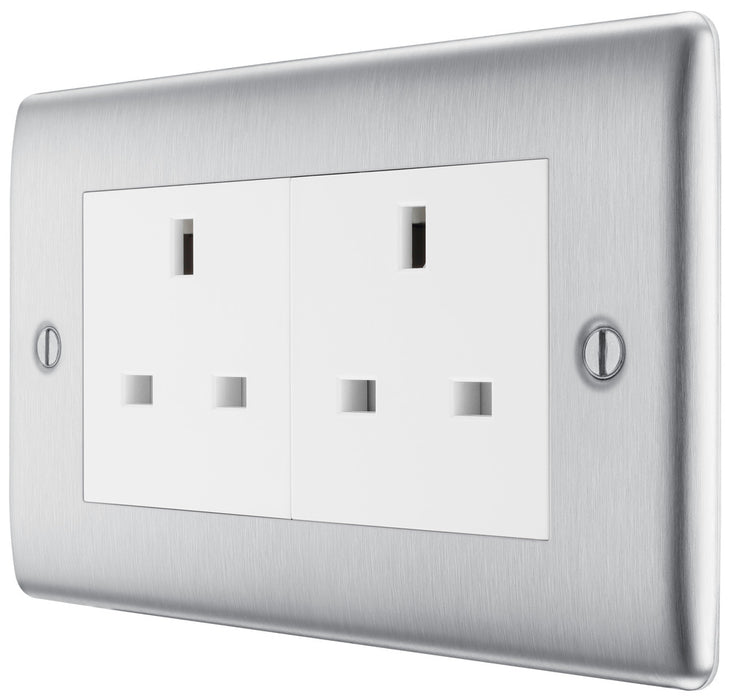 BG NBS24W Nexus Metal 2G 13A Unswitched Socket - White Insert - Brushed Steel - westbasedirect.com