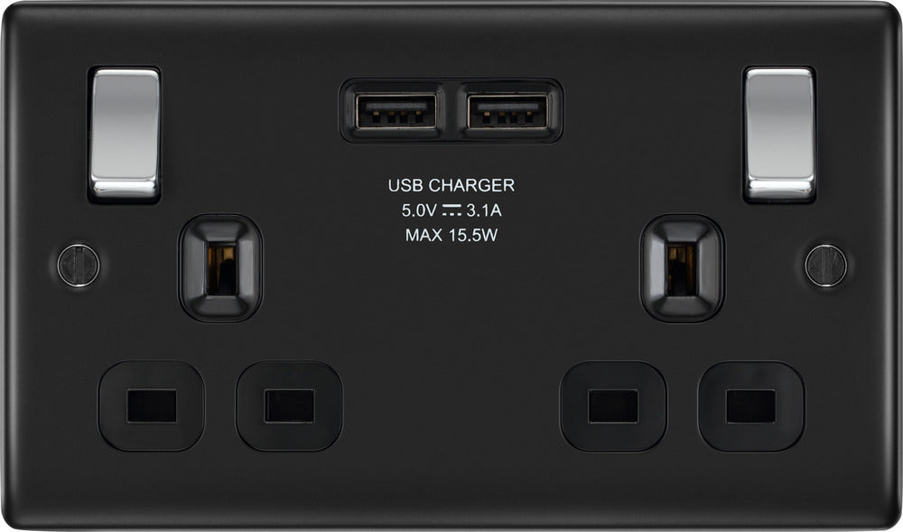 BG NMB22U3B Nexus Metal Double Socket + 2x USB /Black Insert - Matt Black - westbasedirect.com