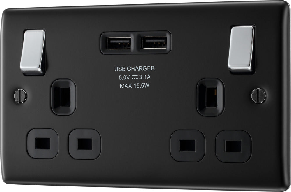 BG NMB22U3B Nexus Metal Double Socket + 2x USB /Black Insert - Matt Black - westbasedirect.com