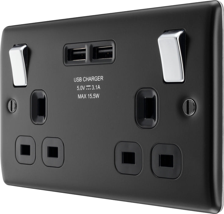 BG NMB22U3B Nexus Metal Double Socket + 2x USB /Black Insert - Matt Black - westbasedirect.com