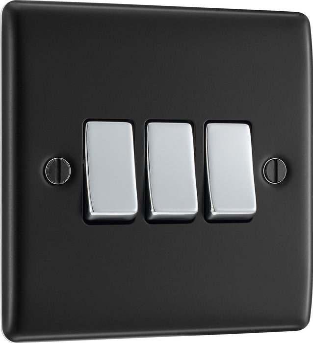 BG NMB43 Nexus Metal Triple Light Switch 10A - Matt Black - westbasedirect.com