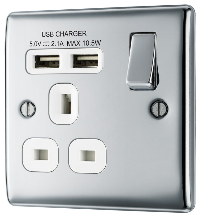BG NPC21U2W Nexus Metal Single Socket + 2x USB - White Insert - Polished Chrome - westbasedirect.com
