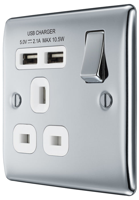 BG NPC21U2W Nexus Metal Single Socket + 2x USB - White Insert - Polished Chrome - westbasedirect.com