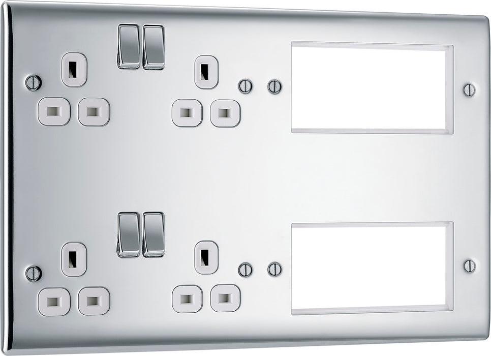 BG NPC222EM8W Nexus Metal 2x 2G Socket 13A + 2x 4 Module Aperture - White Insert - Polished Chrome - westbasedirect.com