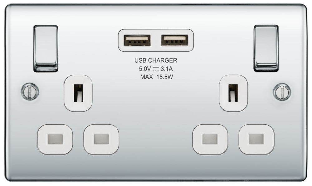 BG NPC22U3W Nexus Metal Double Socket + 2x USB - White Insert - Polished Chrome (5 Pack) - westbasedirect.com