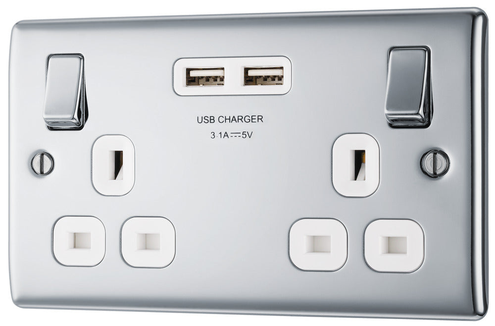 BG NPC22U3W Nexus Metal Double Socket + 2x USB - White Insert - Polished Chrome (10 Pack) - westbasedirect.com