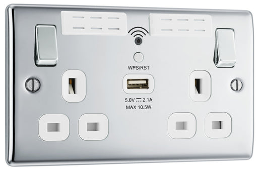 BG NPC22UWRW Nexus Metal Double Socket 13A + Wifi Extender +1x USB(2.1A) - White Insert - Polished Chrome - westbasedirect.com