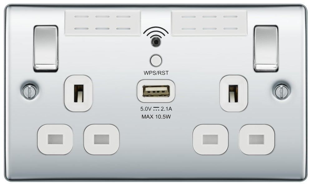 BG NPC22UWRW Nexus Metal Double Socket 13A + Wifi Extender +1x USB(2.1A) - White Insert - Polished Chrome - westbasedirect.com