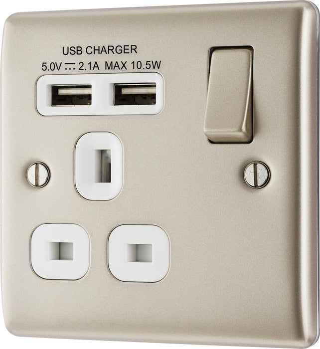 BG NPR21UW Nexus Metal Single Socket + 2x USB /White Insert - Pearl Nickel - westbasedirect.com