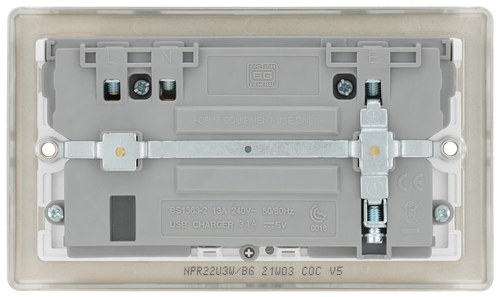 BG NPR22U3W Nexus Metal Double Socket + 2x USB /White Insert - Pearl Nickel - westbasedirect.com